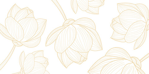 Luxurious floral background design. Golden lotus flowers line arts design for wallpaper, banner, prints, invitation and packaging design. vector illustration.