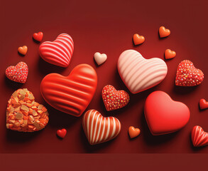 Obraz premium 3d heart shape sweets and candies on red background. Symbols of love for Happy Women's, Mother's, Valentine's Day, birthday greeting card design with copy space. Generative ai
