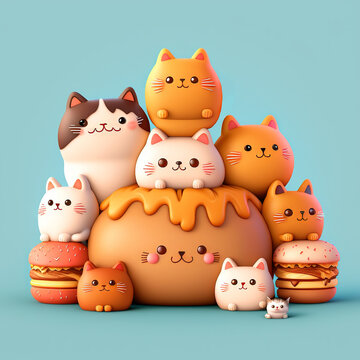 Cute Kawaii Cats or kittens in funny poses - 3d concept. Funny cartoon fat cats for print or social media. Adorable kawaii animals on blue background. Generative ai