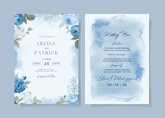 Naklejka na ściany i meble Wedding invitation template set with blue floral and leaves decoration