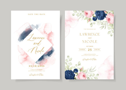 Wedding Invitation Template Set With Navy Pink Floral And Leaves Decoration