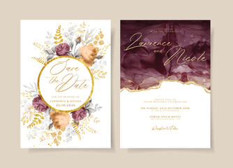 Wedding invitation template set with burgundy floral and leaves decoration