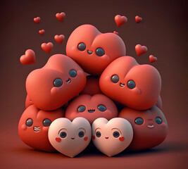 3d cartoon colorful cute hearts shape toy collection, kawaii character illustration background. Suitable for Valentine's Day and Mother's Day cards. Generative Ai