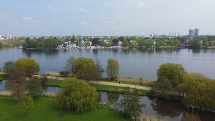 Obraz premium Alster Park at River Alster Lake in Hamburg from above - aerial photography