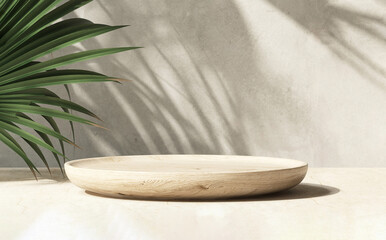 Modern, minimal round wooden podium tray on concrete table counter, palm tree leaf shadow on cement...