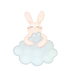 Cute bunny hugging cloud. Calm illustration in pastel colors.  Perfect for children, kids and decoration. Dreamlike