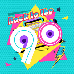 Back in to 90's. Forever young. The 90's style label. Let's go retro party 90's. Vector illustration