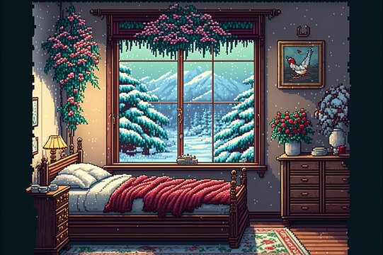 Pixel Art Charming Bedroom With Snowy Garden View Antique , Ai, Generative AI