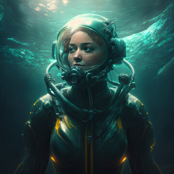 girl on a scuba dive suit underwater