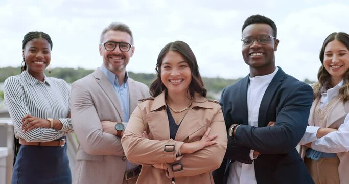 Business people, face and smile with arms crossed, teamwork or diversity for vision at finance company. Happy corporate team, laugh or funny moment for team building, outdoor or solidarity in Atlanta