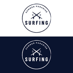 Vintage surfboard Logo template,surfing on a summer beach.For business,badge,holiday, ,label,emblem.