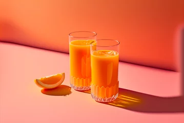 Fotobehang Glasses of orange juice and orange on pastel background © Joel