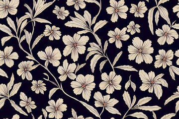 Modern floral print with a plethora of different flower types. Botanical themes from the tropics are strewn around haphazardly. cloth with a drawn pattern on a black base Generative AI