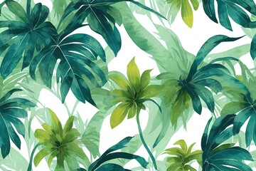 Fototapeta A continuous belt of tropical vegetation. Wallpaper pattern painted in watercolor. Picturesque tropical setting with palm palms. Framed with a hand-painted canvas Generative AI obraz