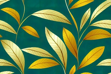 Seamless pattern of tropical foliage in gold and emerald, framed by a graphic Generative AI
