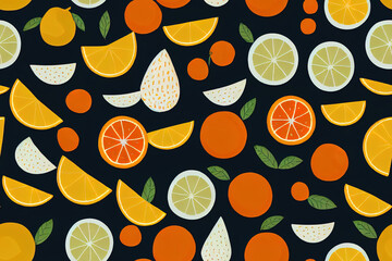 Adorable mandarin oranges populate a seamless pattern. Generative AI
