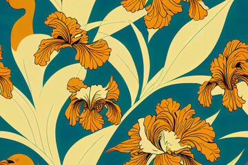Fototapeta na wymiar Seamless retro flower design with orange irises and birds on a blue backdrop. This is a image. Generative AI