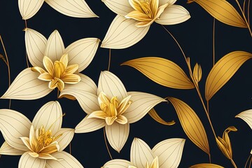 Floral seamless background with vintage luxurious golden blooms. Design a romantic wedding invitation, ceremony program, or greeting card with this wallpaper or wall mural template. Generative AI
