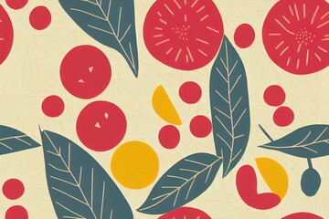 Fruit seamless pattern from the past. Decoration of abstract geometric form with botanical elements, including leaves. Generative AI