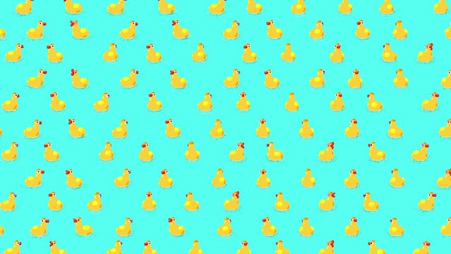 Ducks cartoon yellow characters wallpaper on green-blue background. Cute children swimming animal animation good as backdrop for intro, party, television programme, presentation, etc...
