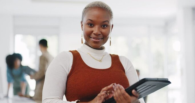 Business woman face, tablet or office boardroom for digital marketing management, teamwork meeting schedule or kpi data analysis. Portrait, smile or happy creative designer on advertising technology