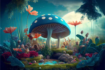 Photo sur Plexiglas Vert bleu fantastic wonderland landscape with mushrooms, lilies flowers