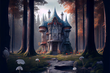 Fantasy old castle in the forest,mushrooms