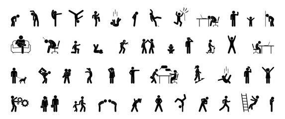 stick figure man icon, isolated human silhouettes, set of various poses and gestures
