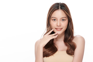 Fototapeta premium Beautiful young asian woman with clean fresh skin on white background, Face care, Facial treatment, Cosmetology, beauty and spa, Asian women portrait.