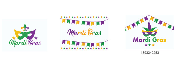 Fototapeta na wymiar Mardi Gras purple and green text with masquerade mask and fleurs-de-lis, Mardi Gras bunting background with confetti stars, mardigras poster for party or post to social media, set vector illustration