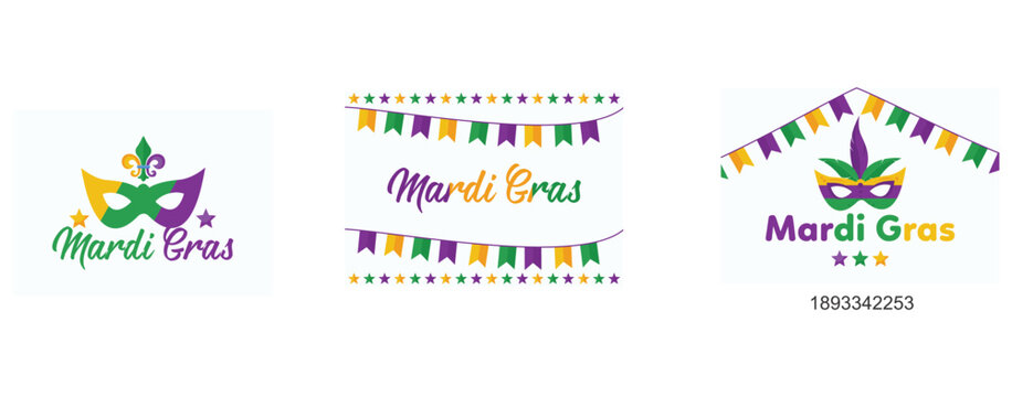 Mardi Gras purple and green text with masquerade mask and fleurs-de-lis, Mardi Gras bunting background with confetti stars, mardigras poster for party or post to social media, set vector illustration