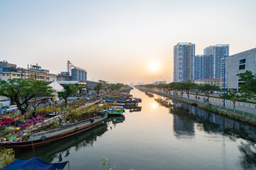 HOCHIMINH CITY, VIETNAM - JANUARY 29, 2022: Evening at Flower market on Tet holiday 