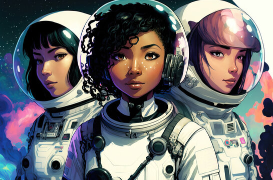 Teenage astronauts space explorers. sketch art for artist creativity and inspiration. generative AI	
