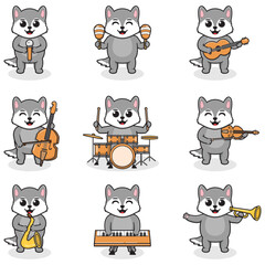 Vector Illustration of Cute Wolf playing music instruments. Set of cute Wolf characters. Cartoon animal play music. Animals musicians.