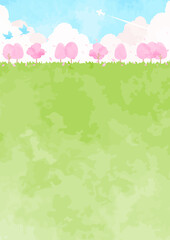 草原と青空と桜並木の風景イラスト