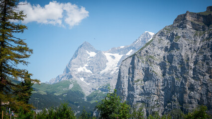 Wonderful view over the mountains Eiger Moench and Jungfrau in the Swiss Alps of Switzerland -...