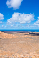 Dramatic landscape viewed from the top of Caldera Blanca volcano, Lanzarote, Canary Islands,  Spain