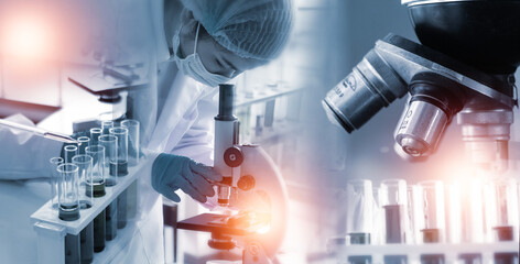 Double exposure microscope Young woman scientific using equipment in the laboratory for research.Biotechnology,development,chemical,study,vaccine,COVID-19. Photo concept experimentation and research.