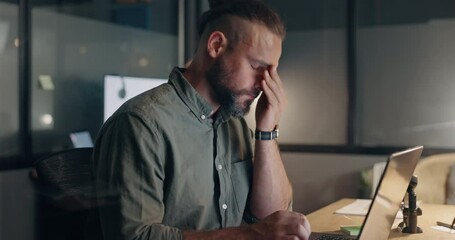 Business, laptop and man with stress, night and typing proposal, digital marketing and office. Male, manager and agent with computer, online research and frustrated in workplace, planning and anxiety - Powered by Adobe