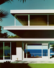 exterior photo of a mid century modern style house overlooking the ocean, daylight, indirect lighting, AD magazine, generative ai