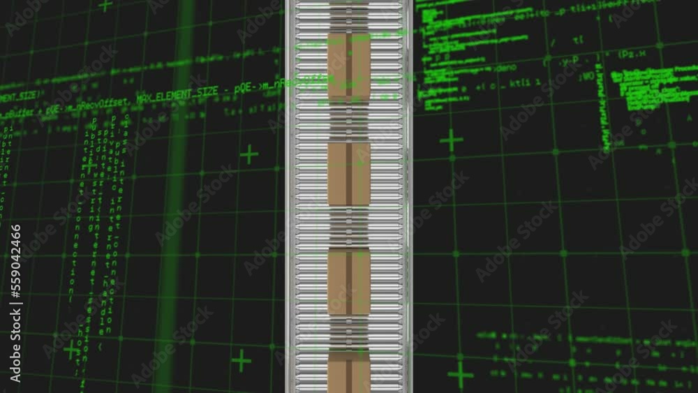 Poster animation of computer language over carboard boxes on conveyer belt against black background