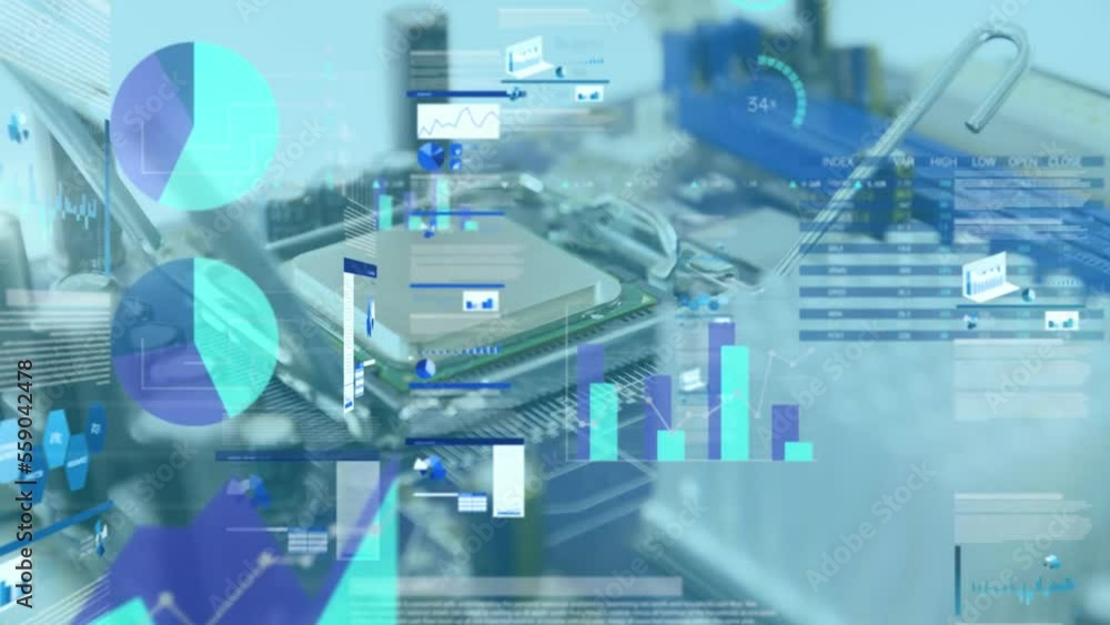 Aufkleber animation of financial data processing over hands and computer circuit board