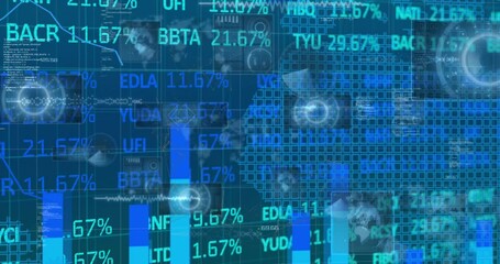 Animation of trading board, graphs, globes, maps and radars against blue background - Powered by Adobe