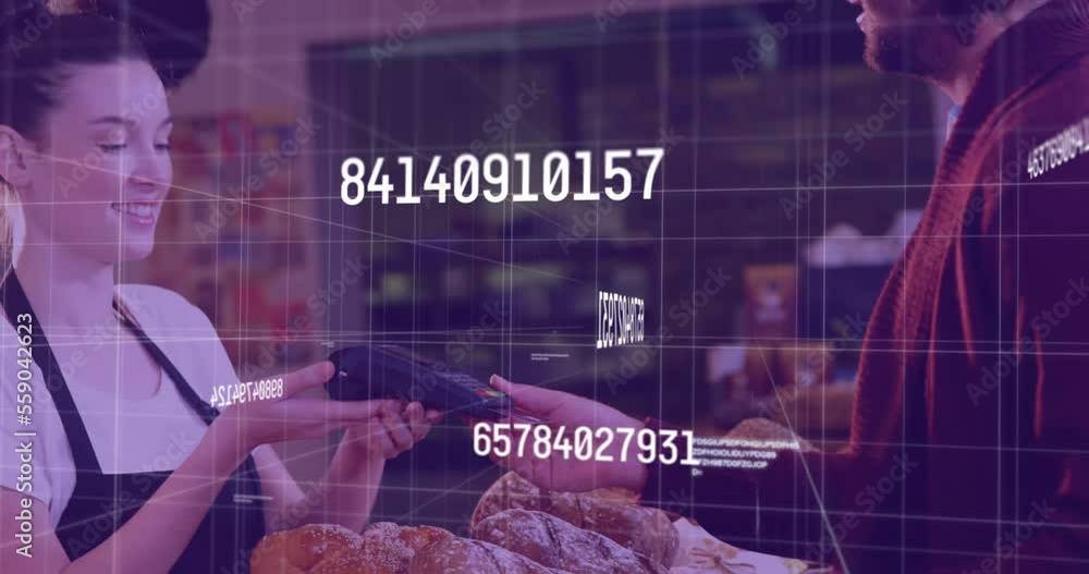 Poster animation of numbers and financial data processing over man paying with smartphone