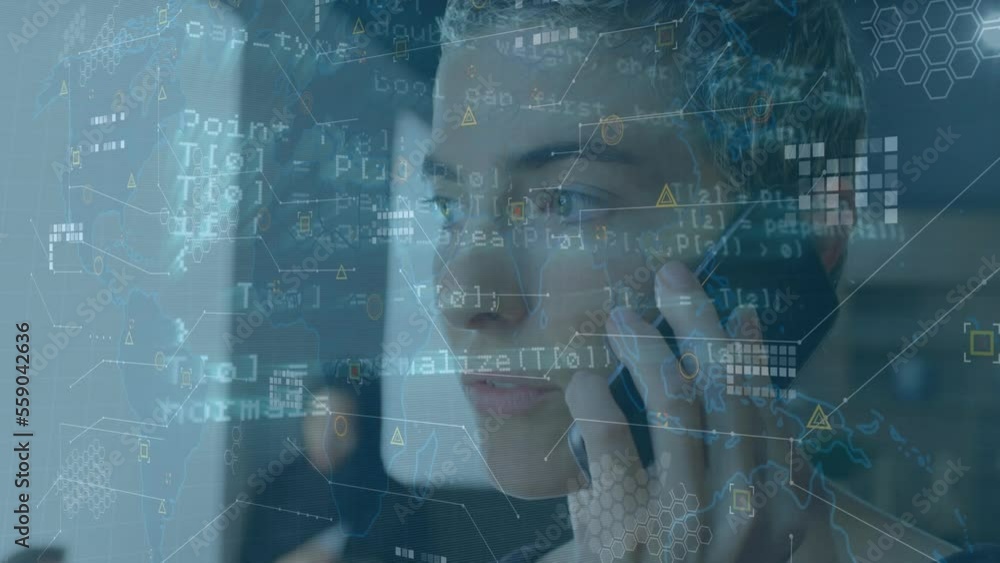 Poster animation of data processing over businesswoman using interactive screen