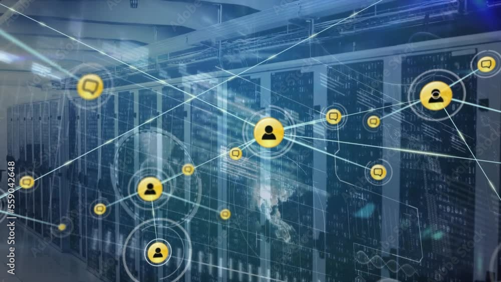 Poster animation of network of connections and data processing over server room