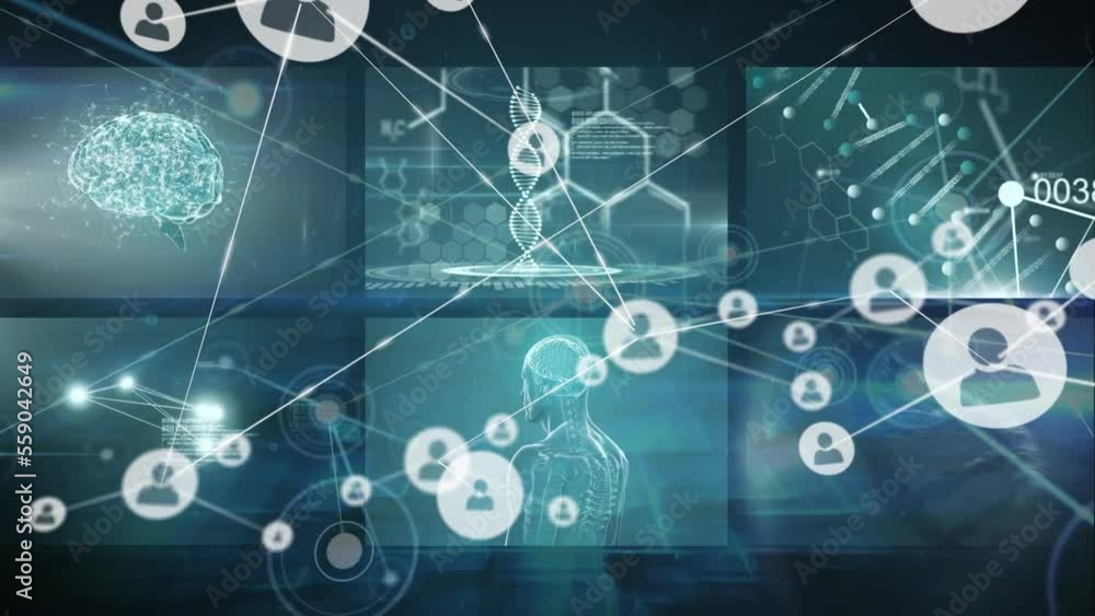 Poster animation of network of connections with icons over icons and icons