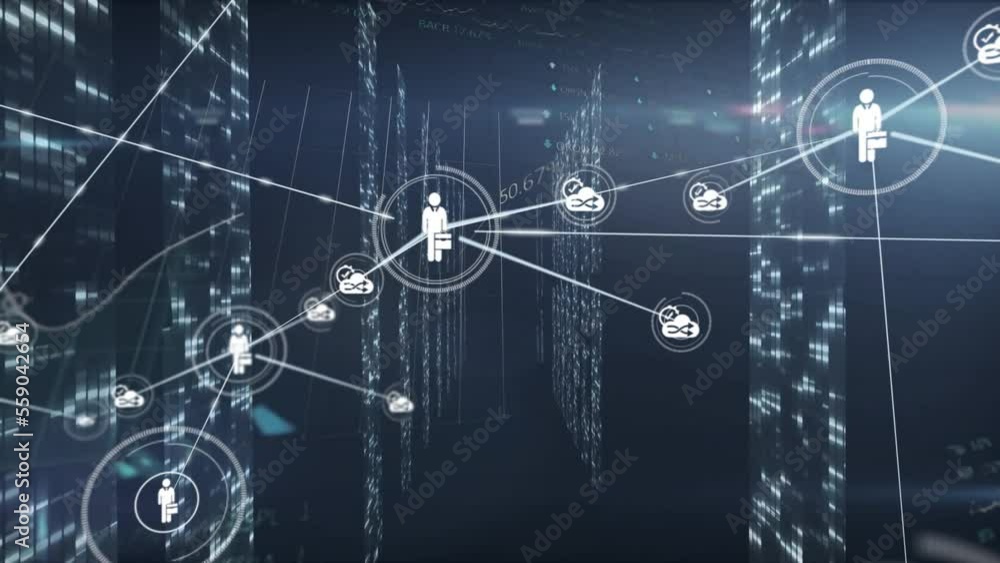 Poster animation of network of connections and diverse data over black background