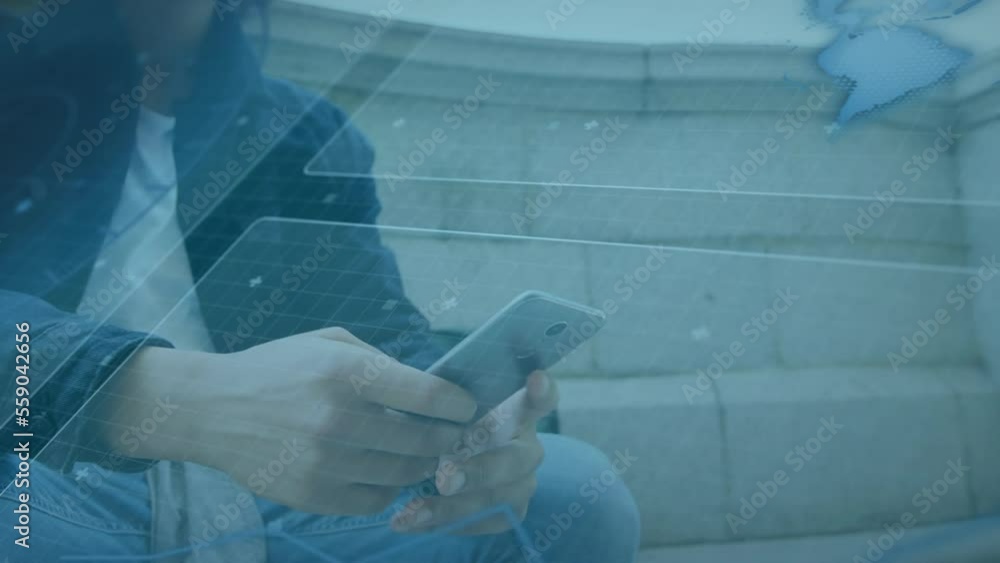 Poster a man using a mobile phone on a campus, with an animation of scope scanning and data processing on s