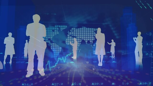 Business people silhouetted against stock market graphics on a blue background